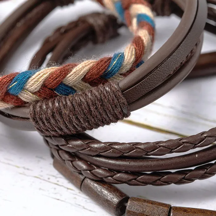 Earrings Yellow Chimes Leather Bracelet for Men 4 Pcs Combo PU Leather Brown Wrap Bracelet for Men and Women Yellow Chimes