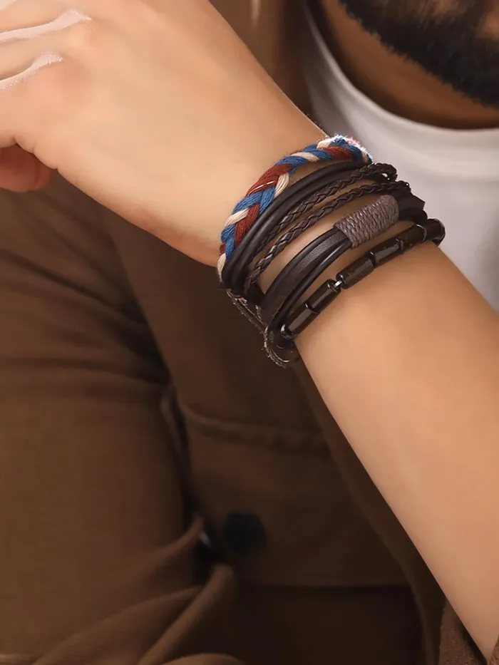 Earrings Yellow Chimes Leather Bracelet for Men 4 Pcs Combo PU Leather Brown Wrap Bracelet for Men and Women Yellow Chimes