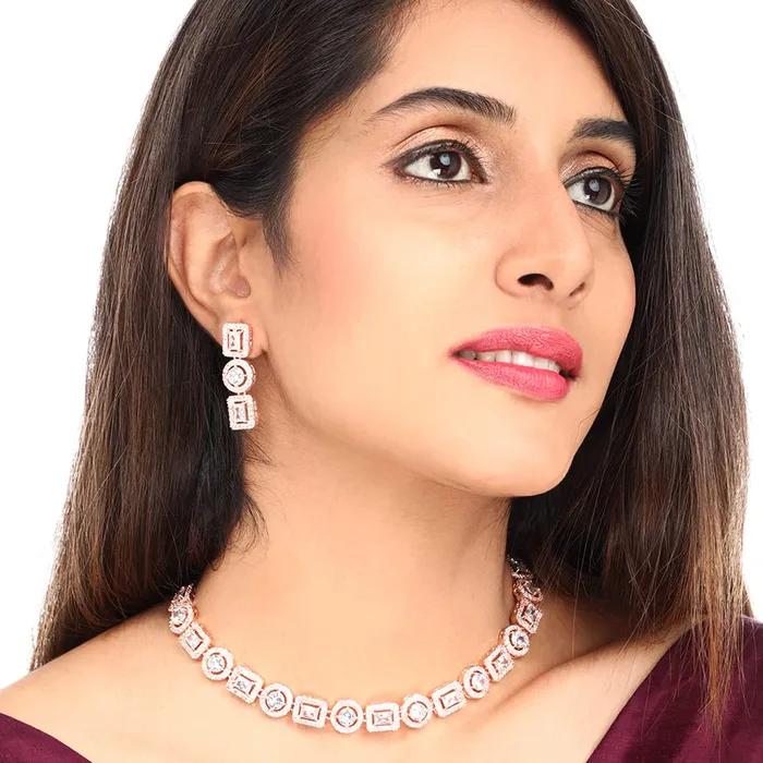 Earrings Yellow Chimes Yellow Chimes American Diamond Necklace Set For Women White Stone Rose Gold Jewellery Set For Women Diamond Necklace Set Birthday Gift for Girls Anniversary Gift for Wife
