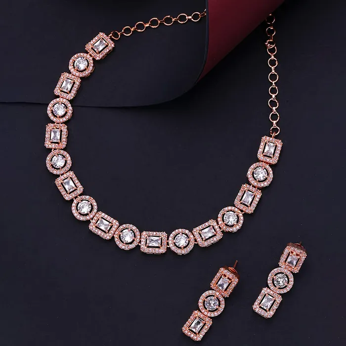 Earrings Yellow Chimes Yellow Chimes American Diamond Necklace Set For Women White Stone Rose Gold Jewellery Set For Women Diamond Necklace Set Birthday Gift for Girls Anniversary Gift for Wife
