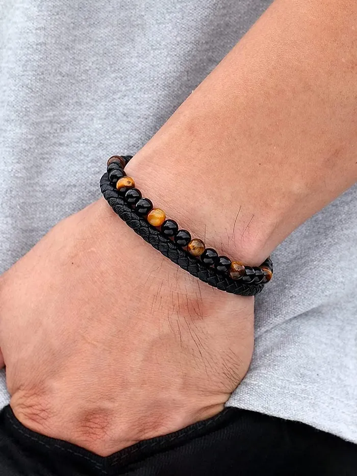 Earrings Yellow Chimes Yellow Chimes Bracelet For Men Black and Orange Beaded Stretchable Bracelet For Men and Boys