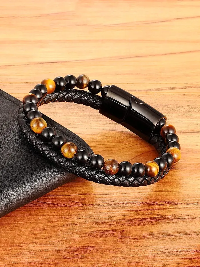 Earrings Yellow Chimes Yellow Chimes Bracelet For Men Black and Orange Beaded Stretchable Bracelet For Men and Boys