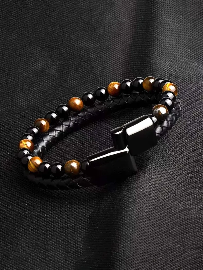 Earrings Yellow Chimes Yellow Chimes Bracelet For Men Black and Orange Beaded Stretchable Bracelet For Men and Boys