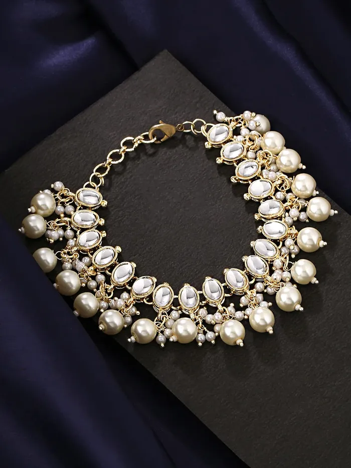 Earrings Yellow Chimes Yellow Chimes Bracelets for Women Gold Toned Kundan Studded Pearl Drop Traditional Adjustable Bracelet for Women and Girls