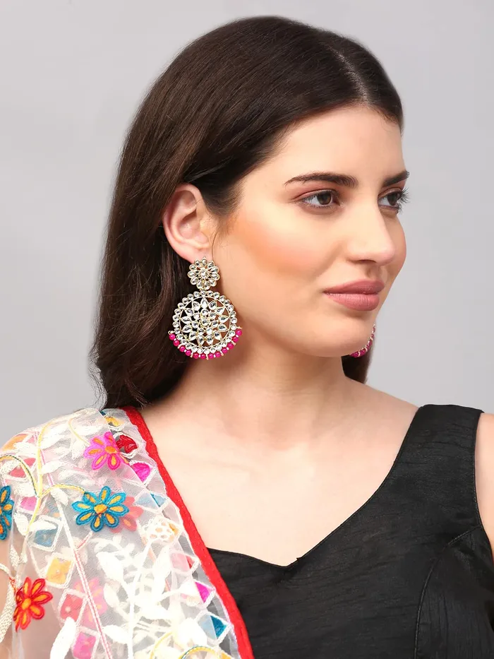 Earrings Yellow Chimes Yellow Chimes Chandbali Earrings for Women Gold Plated Kundan Studded Pink Pearl Drop Earrings For Women And Girls