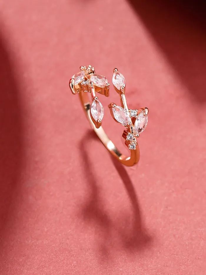 Earrings Yellow Chimes Yellow Chimes Crystal Rings For Women Adjustable Ring Leafy Shaped Crystal Ring Valentine Special Rose Gold Plated Finger Ring for Girls Birthday Gift For Girls Anniversary Gift for Wife
