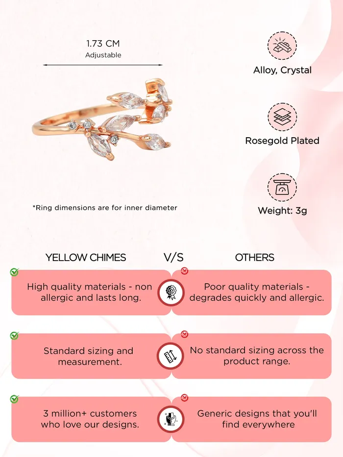 Earrings Yellow Chimes Yellow Chimes Crystal Rings For Women Adjustable Ring Leafy Shaped Crystal Ring Valentine Special Rose Gold Plated Finger Ring for Girls Birthday Gift For Girls Anniversary Gift for Wife