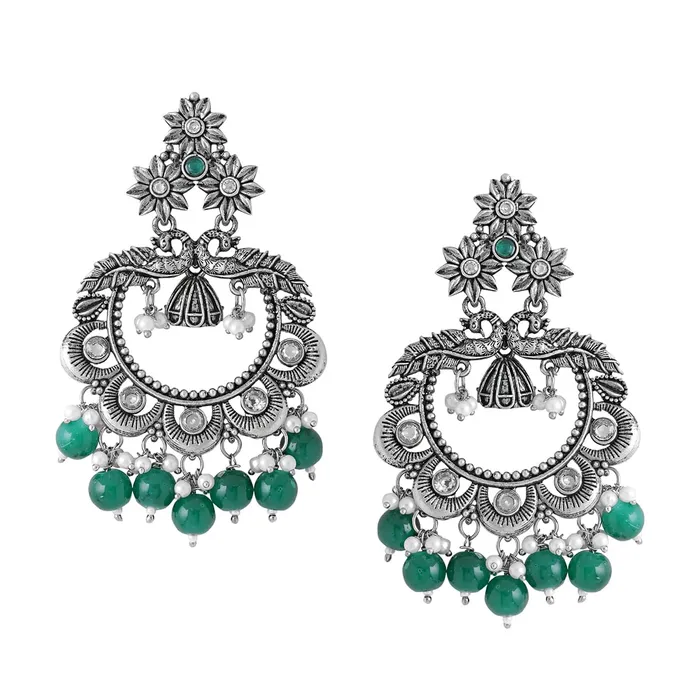 Earrings Yellow Chimes Yellow Chimes Earrings for Women Silver Oxidised Stone Studded Green Beads Drop Peacock Designed Drop Earrings for Women and Girls Earrings Yellow Chimes Yellow Chimes Earrings for Women Silver Oxidised Stone Studded Green Beads Drop Peacock Designed Drop Earrings for Women and Girls