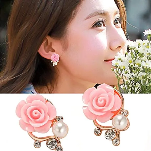 Earrings Yellow Chimes Yellow Chimes Elegant Flower Crystal Pink Rose Gold Plated Stud Earring For Women and Girl
