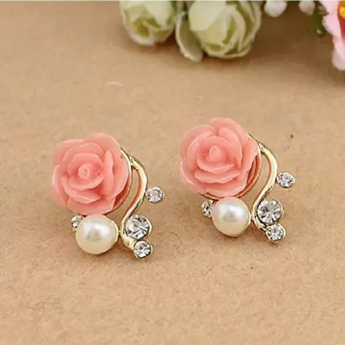 Earrings Yellow Chimes Yellow Chimes Elegant Flower Crystal Pink Rose Gold Plated Stud Earring For Women and Girl
