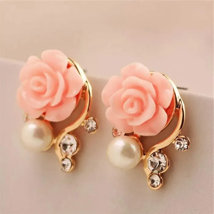 Earrings Yellow Chimes Yellow Chimes Elegant Flower Crystal Pink Rose Gold Plated Stud Earring For Women and Girl
