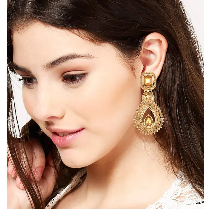 Earrings Yellow Chimes Yellow Chimes Ethnic Gold Plated Traditional Pearl Drops Kundan Jadau Dangler Drop Earrings for Women and Girls