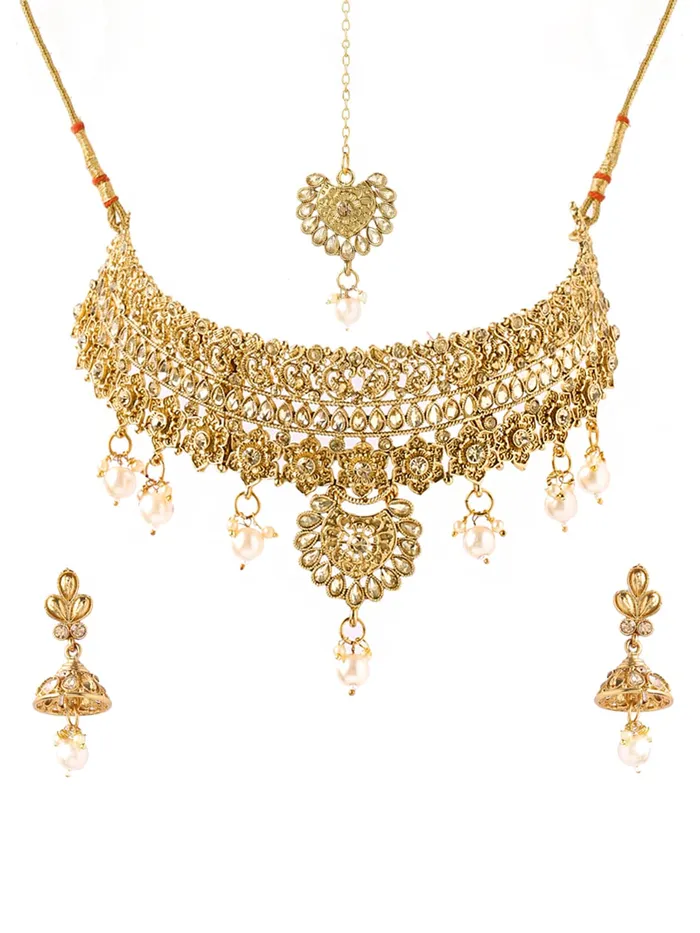 Earrings Yellow Chimes Yellow Chimes Gold Plated Traditional Kundan Studded Pearl Choker Necklace Set with Earrings and maang Tikka Bridal Jewellery Set for Women and Girls Design 8 Earrings Yellow Chimes Yellow Chimes Gold Plated Traditional Kundan Studded Pearl Choker Necklace Set with Earrings and maang Tikka Bridal Jewellery Set for Women and Girls Design 8