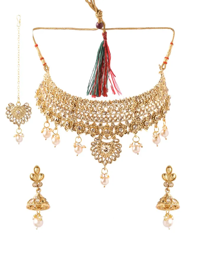 Earrings Yellow Chimes Yellow Chimes Gold Plated Traditional Kundan Studded Pearl Choker Necklace Set with Earrings and maang Tikka Bridal Jewellery Set for Women and Girls Design 8