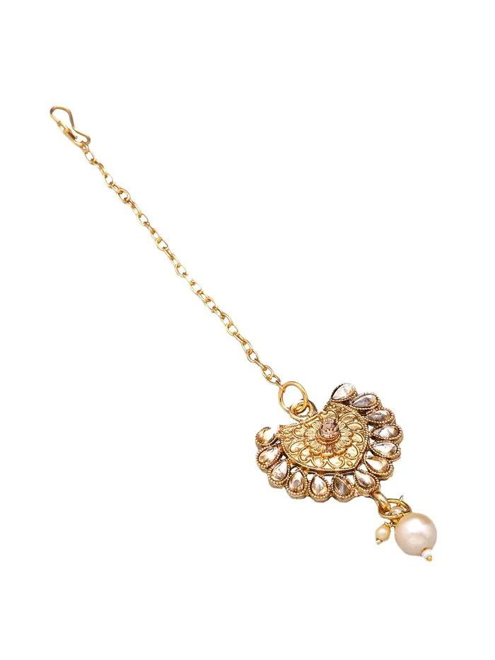 Earrings Yellow Chimes Yellow Chimes Gold Plated Traditional Kundan Studded Pearl Choker Necklace Set with Earrings and maang Tikka Bridal Jewellery Set for Women and Girls Design 8