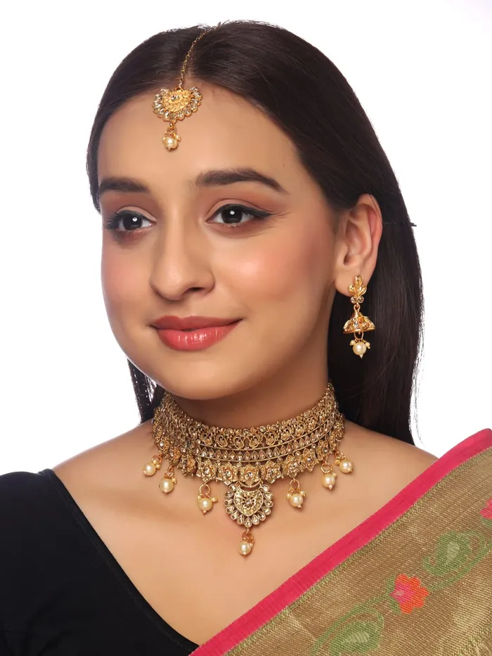 Earrings Yellow Chimes Yellow Chimes Gold Plated Traditional Kundan Studded Pearl Choker Necklace Set with Earrings and maang Tikka Bridal Jewellery Set for Women and Girls Design 8
