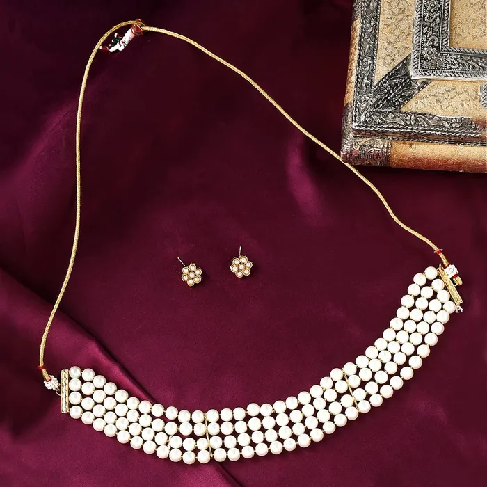 Earrings Yellow Chimes Yellow Chimes Jewellery Set for Women and Girls Traditional White Beads Choker Set for Women Gold Plated Choker Necklace Set Birthday Gift for girls women Anniversary Gift for Wife