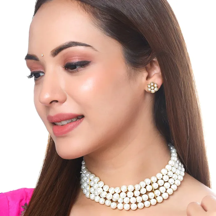 Earrings Yellow Chimes Yellow Chimes Jewellery Set for Women and Girls Traditional White Beads Choker Set for Women Gold Plated Choker Necklace Set Birthday Gift for girls women Anniversary Gift for Wife