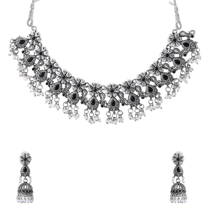 Earrings Yellow Chimes Yellow Chimes Jewellery Set For Women Silver Oxidised Black Stone Studded Floral Designed Pearl Beads Hanging Choker Necklace Set For Women and Girls Earrings Yellow Chimes Yellow Chimes Jewellery Set For Women Silver Oxidised Black Stone Studded Floral Designed Pearl Beads Hanging Choker Necklace Set For Women and Girls