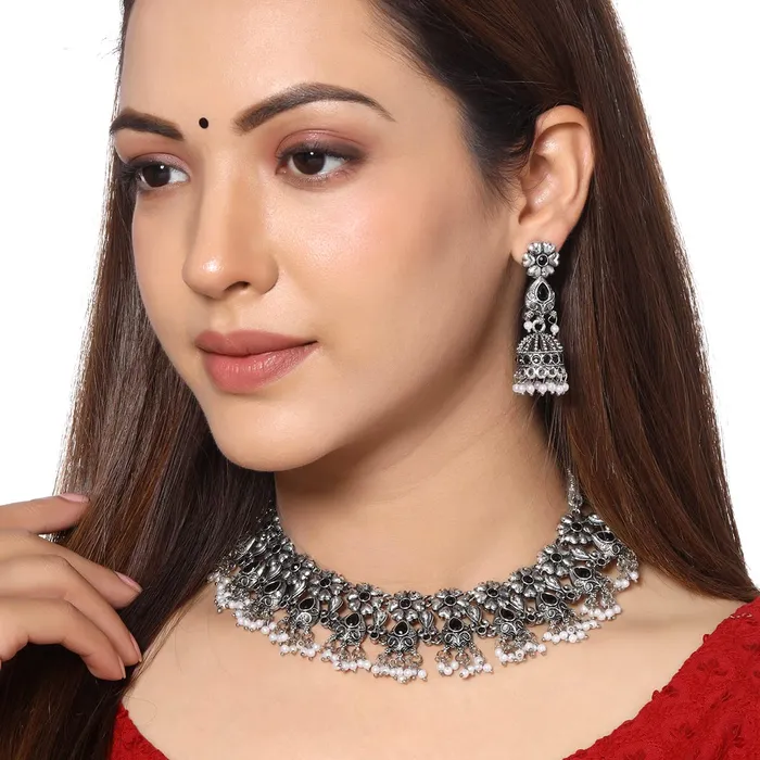 Earrings Yellow Chimes Yellow Chimes Jewellery Set For Women Silver Oxidised Black Stone Studded Floral Designed Pearl Beads Hanging Choker Necklace Set For Women and Girls