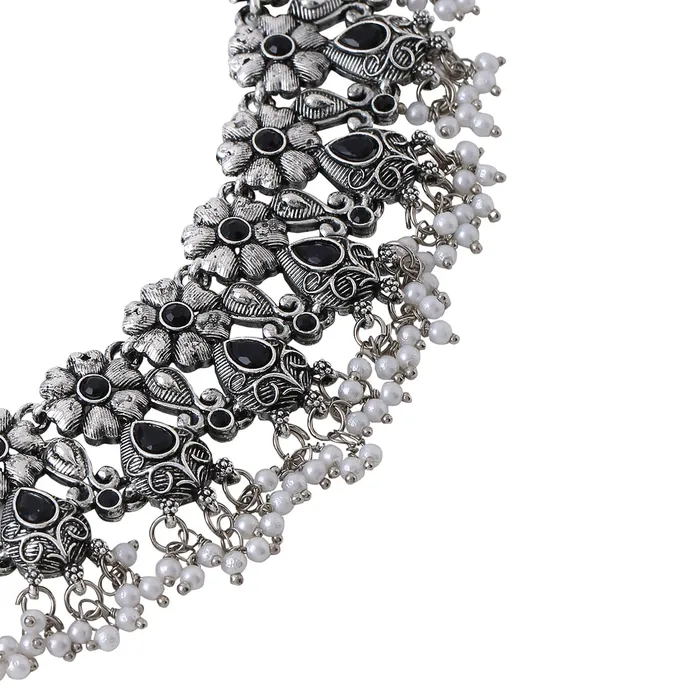 Earrings Yellow Chimes Yellow Chimes Jewellery Set For Women Silver Oxidised Black Stone Studded Floral Designed Pearl Beads Hanging Choker Necklace Set For Women and Girls