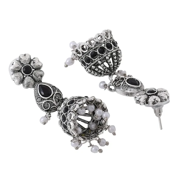 Earrings Yellow Chimes Yellow Chimes Jewellery Set For Women Silver Oxidised Black Stone Studded Floral Designed Pearl Beads Hanging Choker Necklace Set For Women and Girls