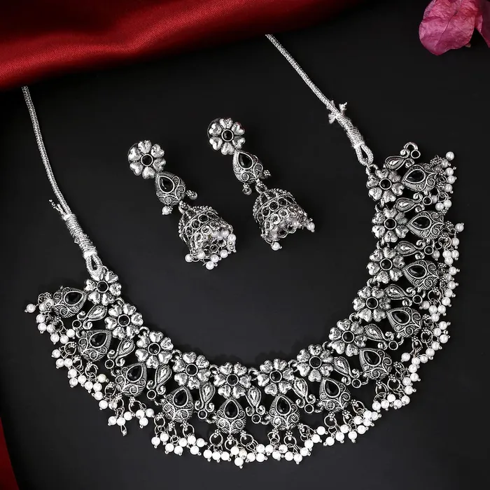 Earrings Yellow Chimes Yellow Chimes Jewellery Set For Women Silver Oxidised Black Stone Studded Floral Designed Pearl Beads Hanging Choker Necklace Set For Women and Girls