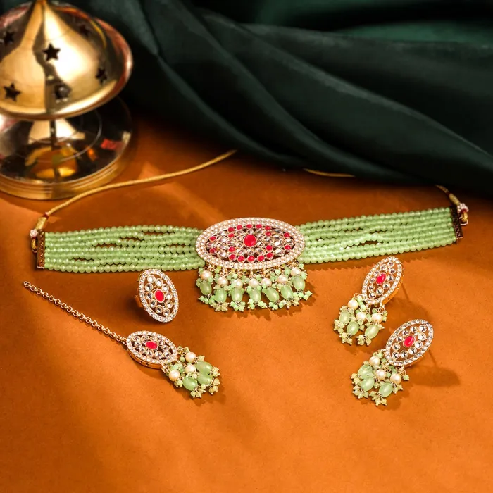 Earrings Yellow Chimes Yellow Chimes Jewellery Set for Women Traditional Green Beads Choker Necklace Set Ethnic Gold Plated Choker Set for Girls Birthday Gift for Girls and Women Anniversary Gift for Wife