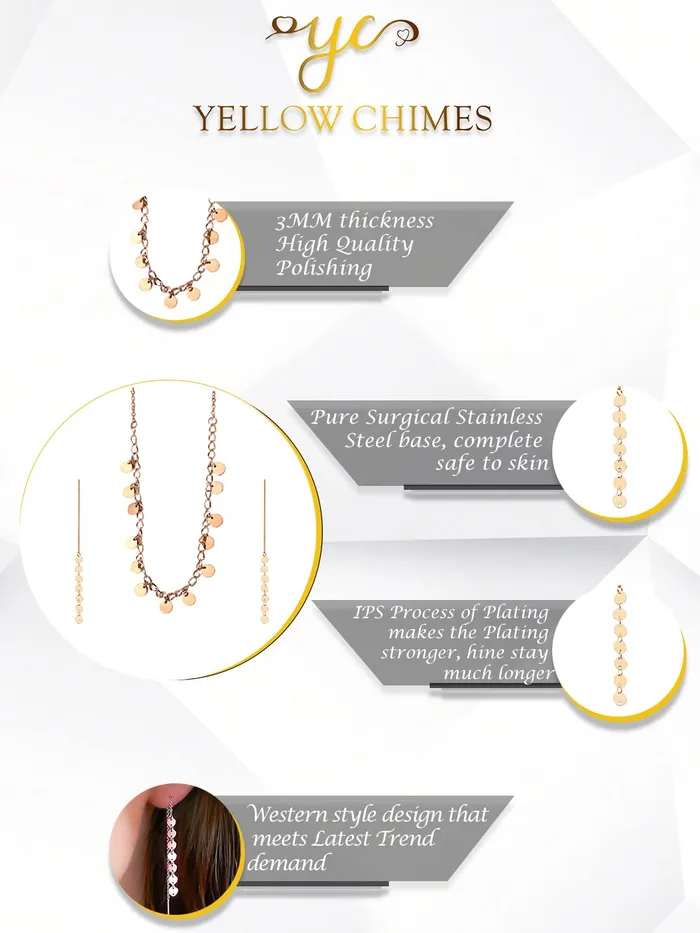 Earrings Yellow Chimes Yellow Chimes Necklace Set for Women Rose Gold Necklace Set Stainless Steel Coin Chain Necklace With Threader Earrings for Women and Girls