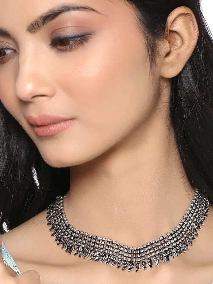 Earrings Yellow Chimes Yellow Chimes Necklaces for Women Adjustable Silver Oxidised Beads Studded Choker Necklace for Women and Girls NK 4