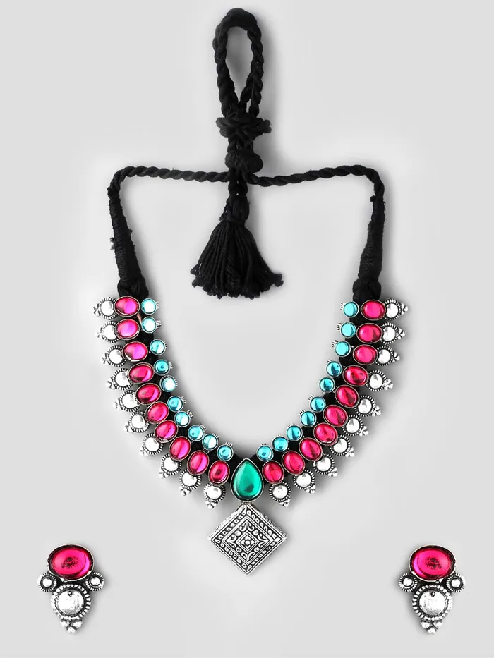Earrings Yellow Chimes Yellow Chimes Oxidised Jewellery Set for Women Authentic Kolhapuri Work Handmade Silver Pink Kundan Choker Necklace Sets for Women and Girls