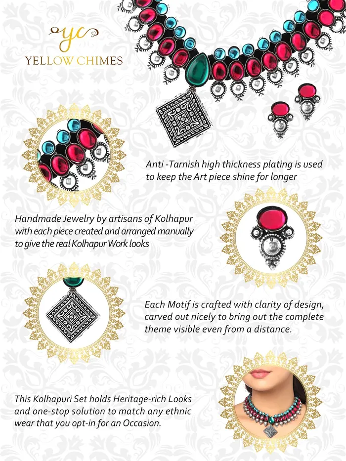 Earrings Yellow Chimes Yellow Chimes Oxidised Jewellery Set for Women Authentic Kolhapuri Work Handmade Silver Pink Kundan Choker Necklace Sets for Women and Girls