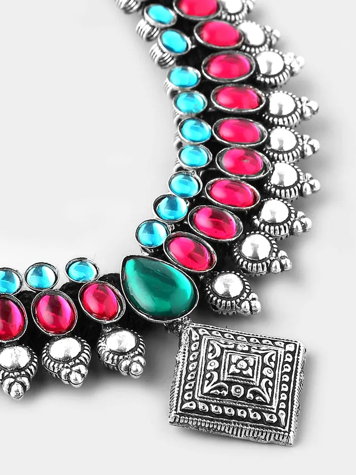 Earrings Yellow Chimes Yellow Chimes Oxidised Jewellery Set for Women Authentic Kolhapuri Work Handmade Silver Pink Kundan Choker Necklace Sets for Women and Girls