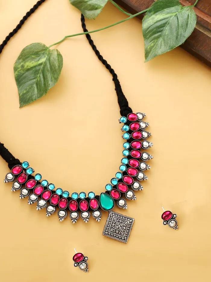 Earrings Yellow Chimes Yellow Chimes Oxidised Jewellery Set for Women Authentic Kolhapuri Work Handmade Silver Pink Kundan Choker Necklace Sets for Women and Girls