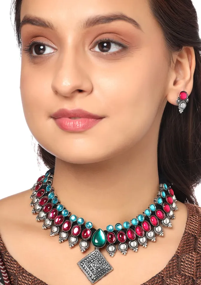 Earrings Yellow Chimes Yellow Chimes Oxidised Jewellery Set for Women Authentic Kolhapuri Work Handmade Silver Pink Kundan Choker Necklace Sets for Women and Girls