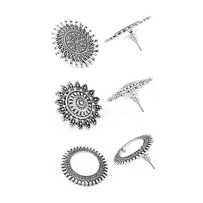 Earrings Yellow Chimes Yellow Chimes Oxidised Stud Earrings for Women Silver Oxidised 2 Pairs Afghani Kashmiri Style Traditional Stud Earrings for Women and Girls