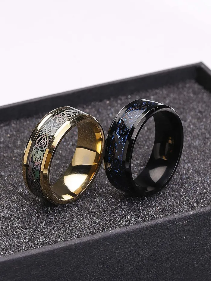 Earrings Yellow Chimes Yellow Chimes Rings for Men 2 Pcs Combo Ring Set Dragon Celtic Inlay Polish Finish Titanium Steel Gold and Blue Rings for Men and Boys