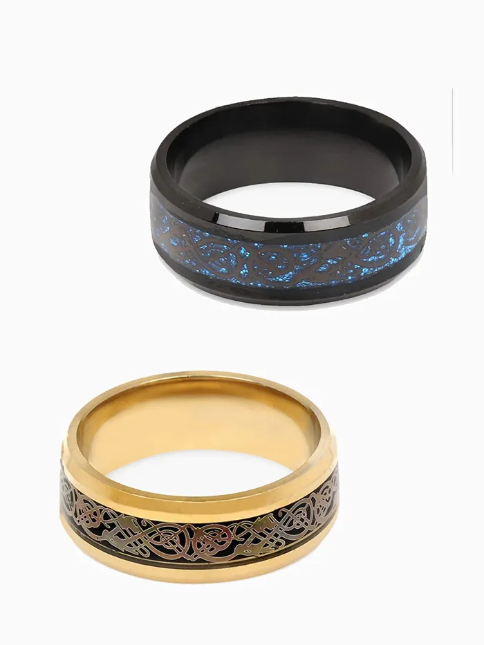 Earrings Yellow Chimes Yellow Chimes Rings for Men 2 Pcs Combo Ring Set Dragon Celtic Inlay Polish Finish Titanium Steel Gold and Blue Rings for Men and Boys
