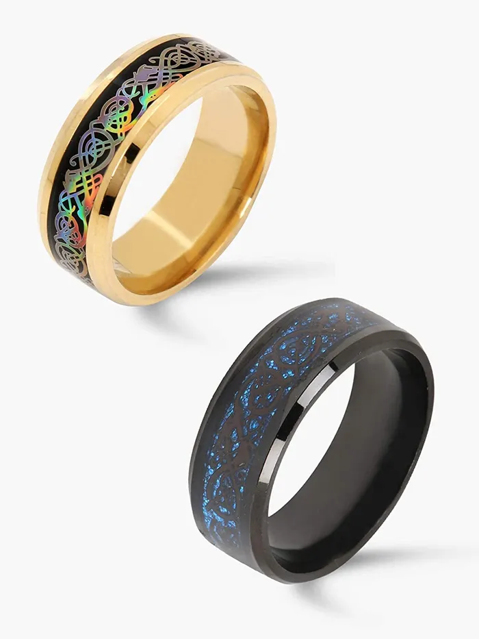 Earrings Yellow Chimes Yellow Chimes Rings for Men 2 Pcs Combo Ring Set Dragon Celtic Inlay Polish Finish Titanium Steel Gold and Blue Rings for Men and Boys