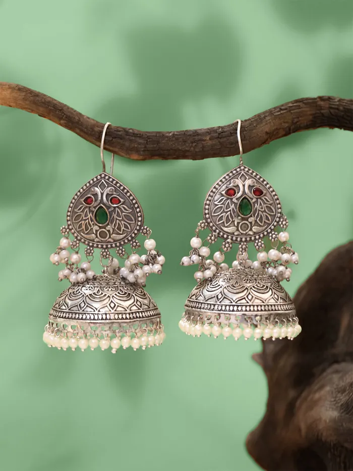 Earrings Yellow Chimes Yellow Chimes Silver Oxidised Jhumka Earrings Elegant Traditional Design Fishhook Closure 67 cm Silver