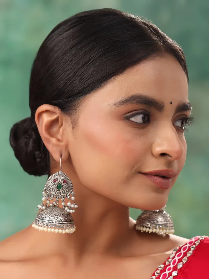 Earrings Yellow Chimes Yellow Chimes Silver Oxidised Jhumka Earrings Elegant Traditional Design Fishhook Closure 67 cm Silver