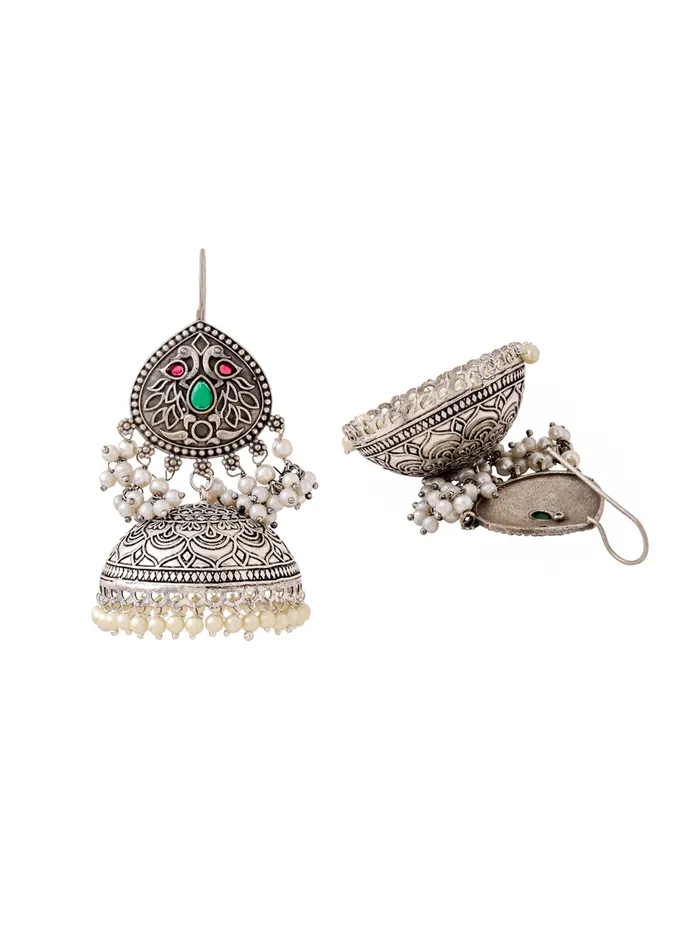 Earrings Yellow Chimes Yellow Chimes Silver Oxidised Jhumka Earrings Elegant Traditional Design Fishhook Closure 67 cm Silver