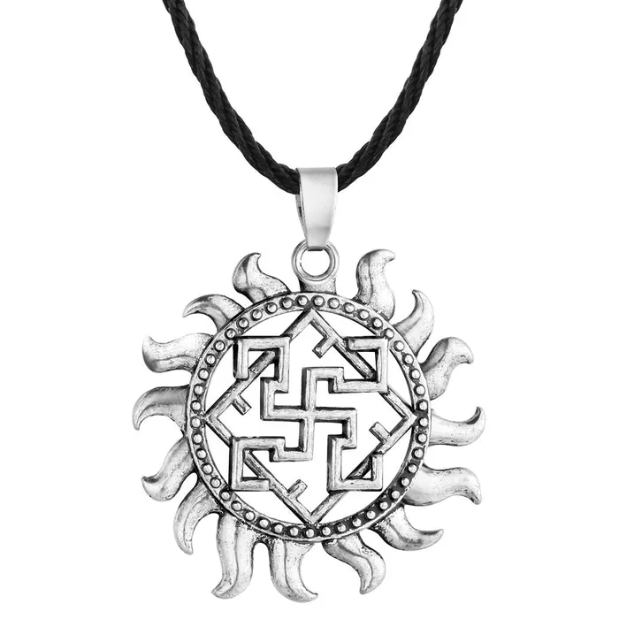 Earrings Yellow Chimes Yellow Chimes Silver Plated God Sun Swastika Symbol Black Leather Rope Pendant Necklace for Men and Women