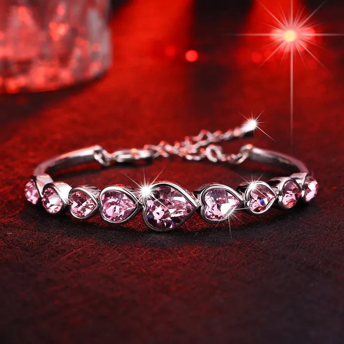 Earrings Yellow Chimes Yellow Chimes Valentine Gift for Girls Bracelet for Women Girls A5 High Grade Pink Crystal Bracelets SIlver Toned Valentine Special Heart Bracelet for Girls Birthday Gift For Girls Women