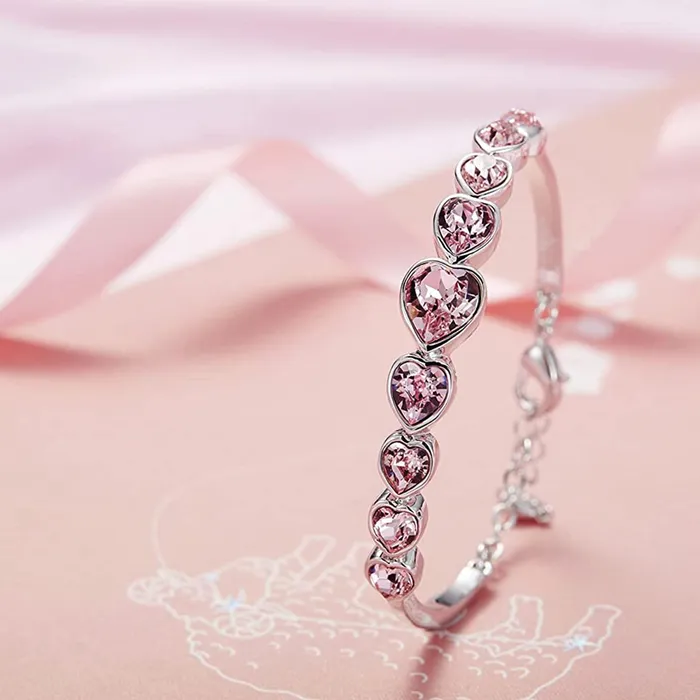 Earrings Yellow Chimes Yellow Chimes Valentine Gift for Girls Bracelet for Women Girls A5 High Grade Pink Crystal Bracelets SIlver Toned Valentine Special Heart Bracelet for Girls Birthday Gift For Girls Women