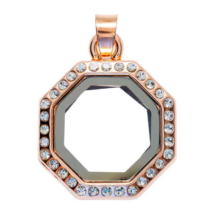 JE0216 Glass Locket Pendant Magnetic Rose Gold Petite Octagon with Chain Necklaces