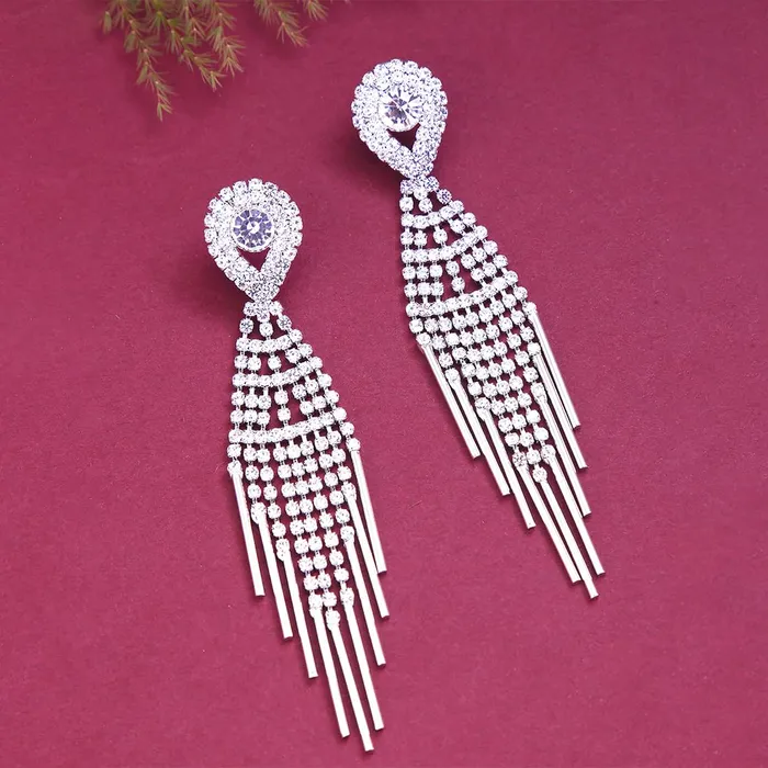Kairangi Danglers Earrings for Women White Crystal Silver Plated Danglers Earrings for Women and Girls Yellow Chimes Earrings