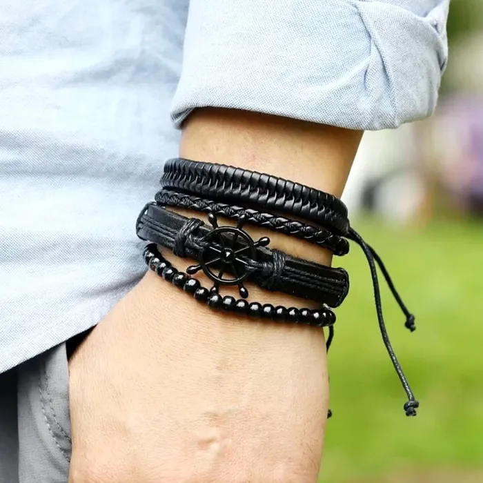 Kairangi Earrings Kairangi Bracelets for Men and Boys Leather Bracelet Set for Men Multi Layered Leather Wrap Wrist Bracelet Birthday Gift for Men Boys Anniversary Gift for Husband Design 14