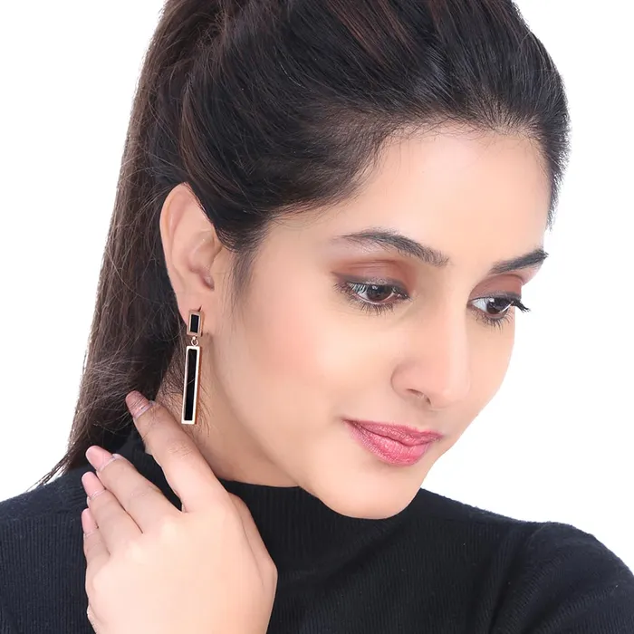 Kairangi Long Earrings for Women Western Rose Gold Plated Stainless Steel Black Square Drop Danglers Earrings For Women and Girls Kairangi Earrings
