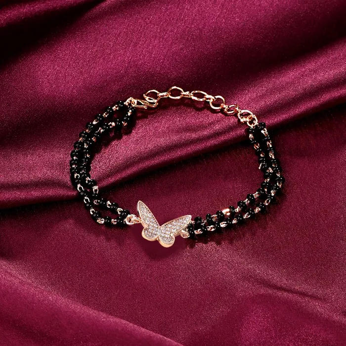 Kairangi Mangalsutra Bracelet for Women Black Beads Butterfly Charm Rose Gold Plated Hand Mangalsutra Bracelets for Women Marriage Anniversay Birthday Gift For Wife and Women Kairangi Rings